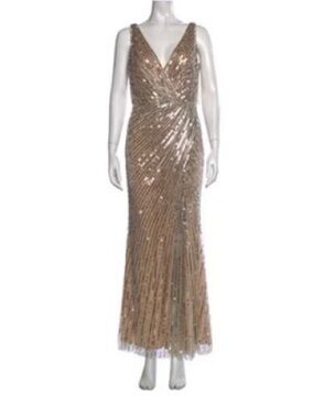 Mac Duggal Champagne Sequin V-Neck Maxi Gown